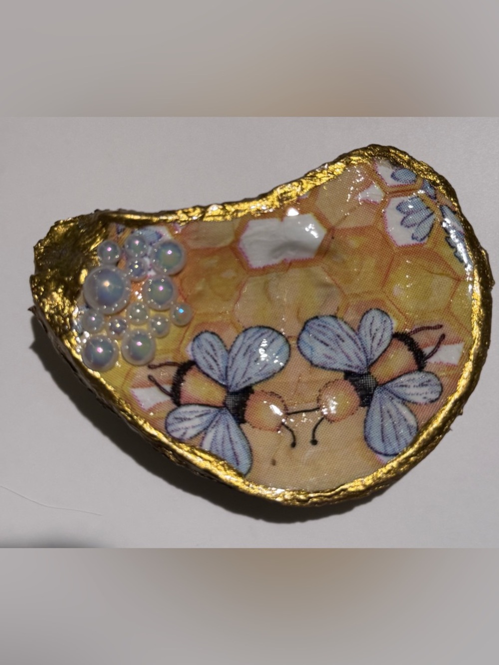 Handmade Bee Art Dish trinket oyster shell with Gold Edge - Yellow Bee Design